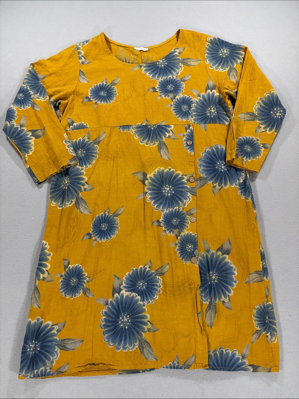 Made in Italy linen Floral A-Line Dress in Mustard with Blue Flowers 2XL